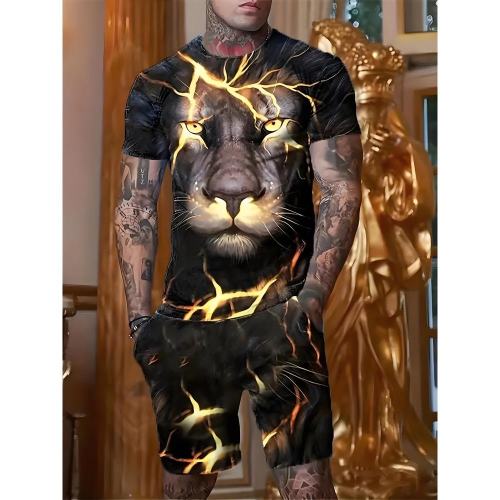Fashion Lion Pattern Shorts Short Sleeved Set Men's Quick Drying Sports T-shirt Drawstring Shorts Two-piece Set Men's T-shirt