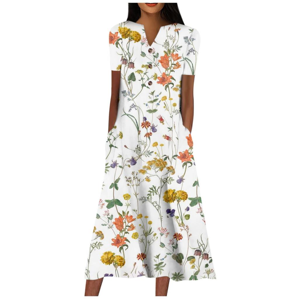 Dresses For Womens Flowers Cute Print Maxi Dress Summer Casual  Short Sleeve Dress