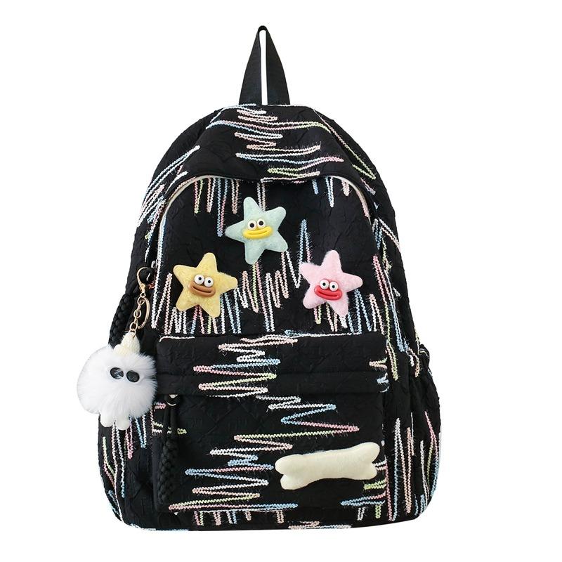Autumn New Simple Lightweight Student Backpack Junior/high School Girl Schoolbag Cute Sweet Embroidery Striped Travel Book Bags with Cartoon Pendant