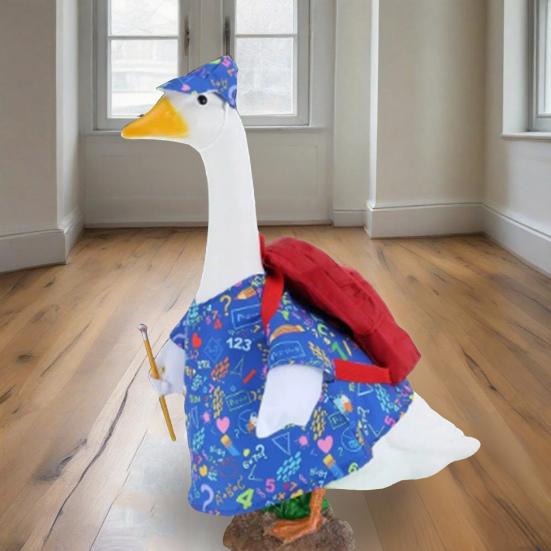 4Pcs/Set Back To School Porch Goose Outfits Outdoor Garden Lawn Yard Goose Statue Printed Dress Red Hat Backpack Pencil Dress-up Clothing