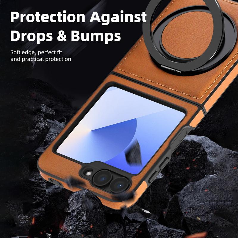 Solid Color Leather Slim 2pcs Folding Phone Case For Samsung Galaxy Z Flip6 Flip5 Flip4 3 Wireless Charge Shockproof Magnetic Metal Stand Back Cover