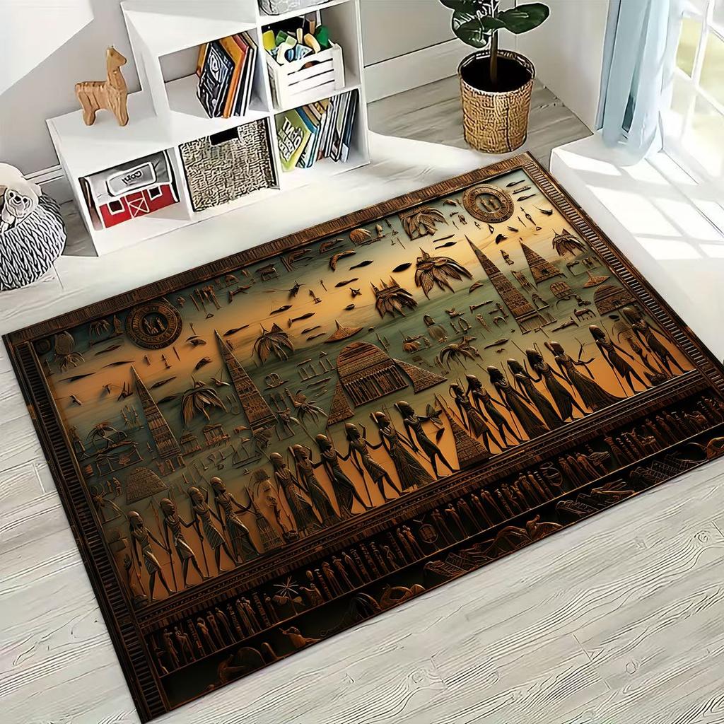 Ancient Egyptian Hieroglyphic Symbols Carved Murals Rug Carpet for Bedroom Living Room Sofa Doormat Decor,Kid Non-slip Floor Mat