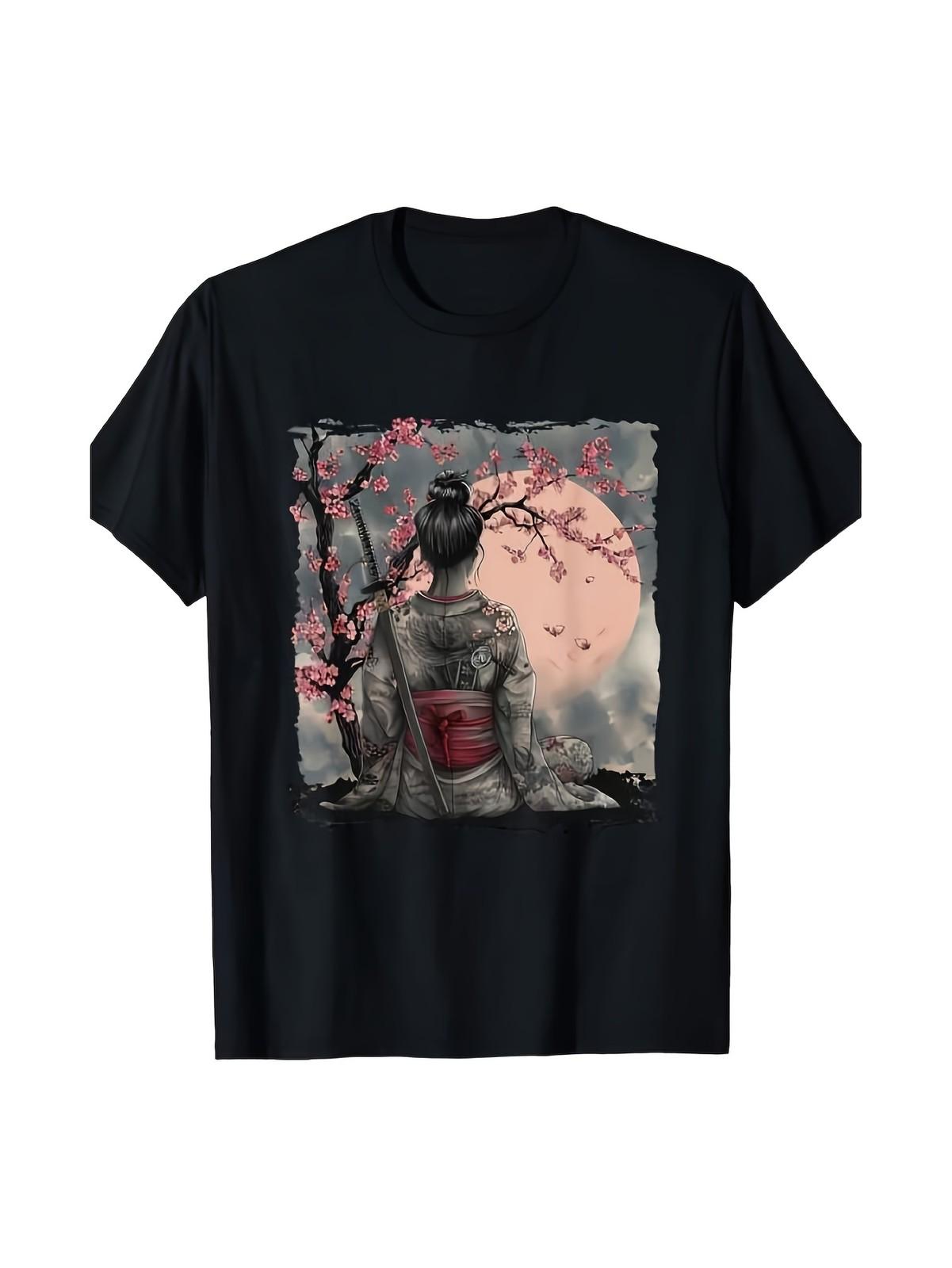 Japanese Geisha & Samurai Sakura Cherry Blossom T Shirt Black Tee with Red Flo S