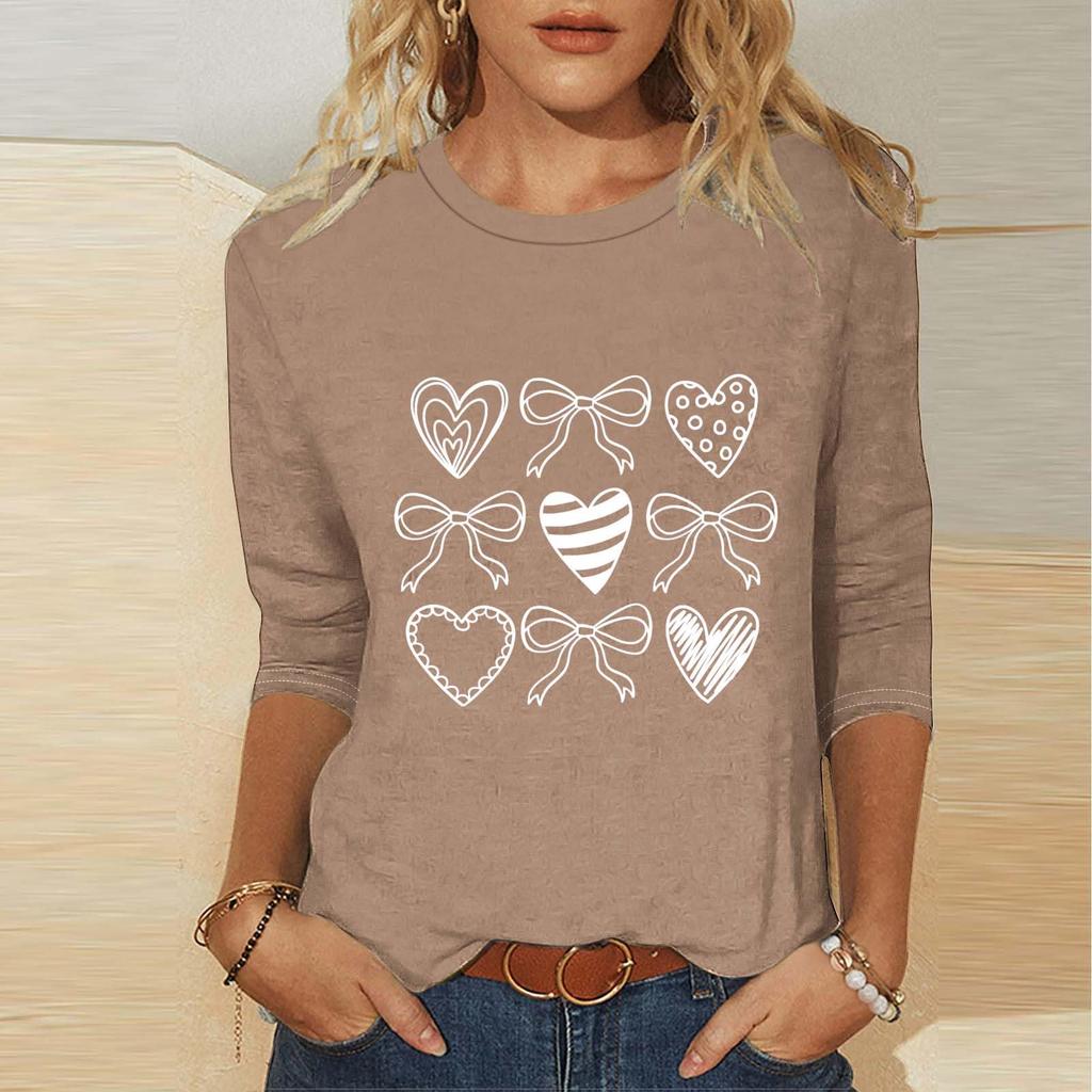 Women's Fashion Casual Three-quarter Sleeve Valentine's Day Printed Round Neck Top