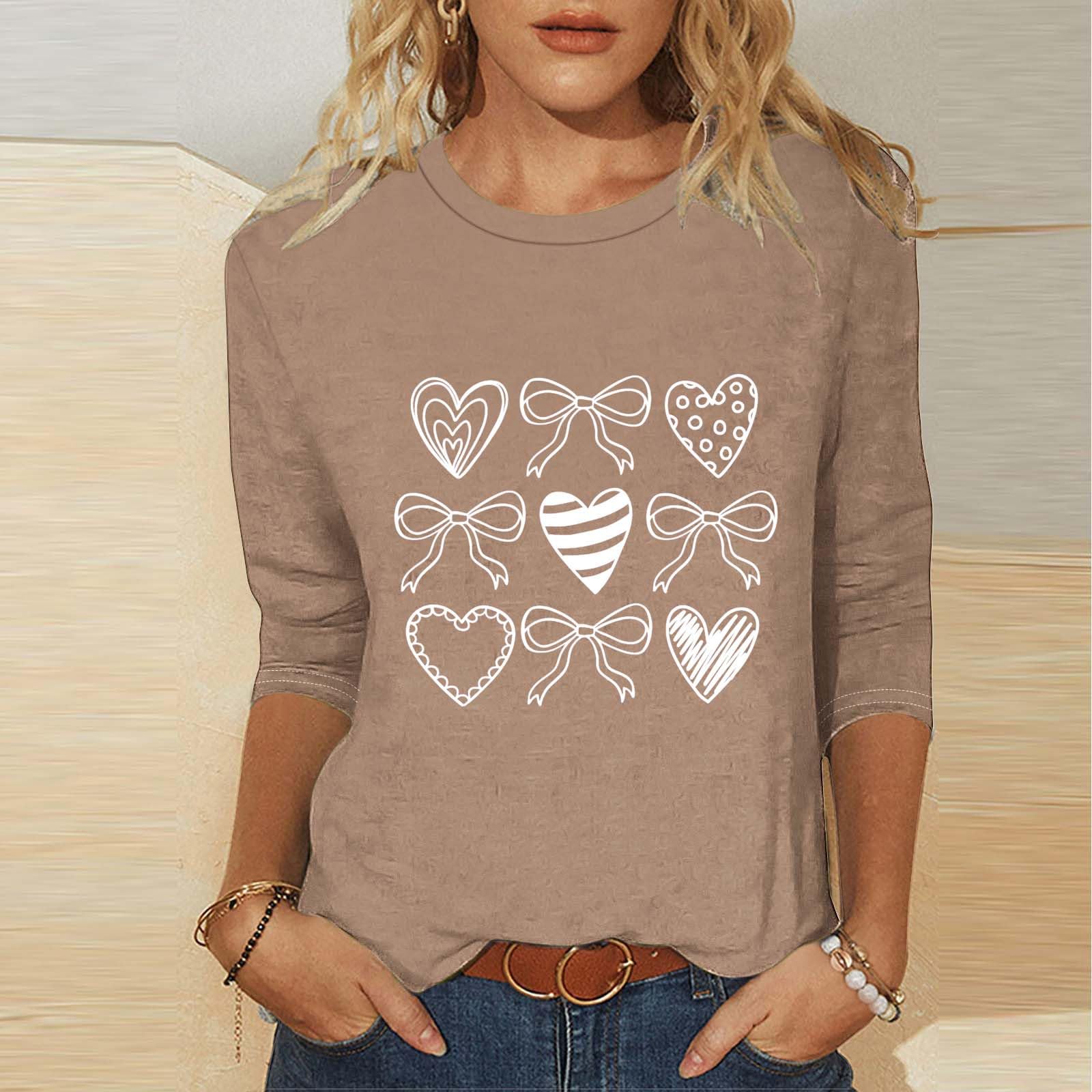 

Women s Fashion Casual Three,quarter Sleeve Valentine s Day Printed Round Neck Top S хакі