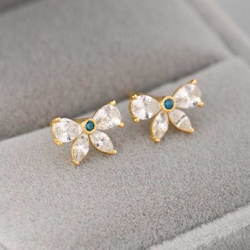 

925 Sterling Silver Vintage Bowknot Dazzling Clear CZ Stud Earrings For Women Retro Fine Jewelry Accessories золотой