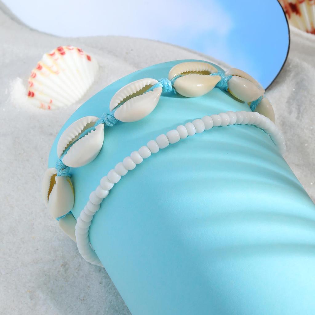 Fashion Two Pieces Boho Beach Shell Ankle Bracelet, Handmade Braided Adjustable String Seashell Anklets For Women Jewelry Summer