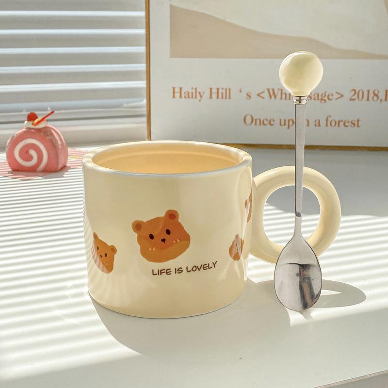 

Cute Milk Fufu Bear Cup with Spoon Niche Design Couple Ceramic Mug Appearance Home Breakfast Coffee Cup 401-500ml