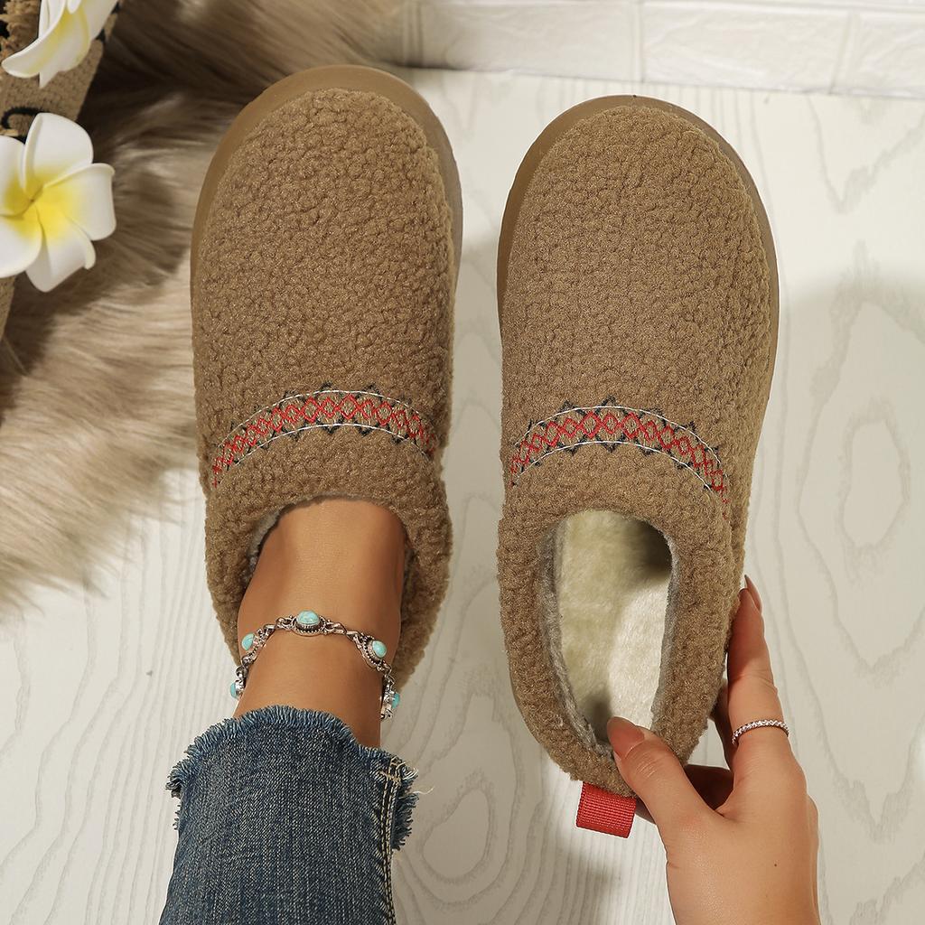 Thick Soles Wear Winter Half Slippers, New Ethnic Style Lace Semi-support Snow Cotton Slippers