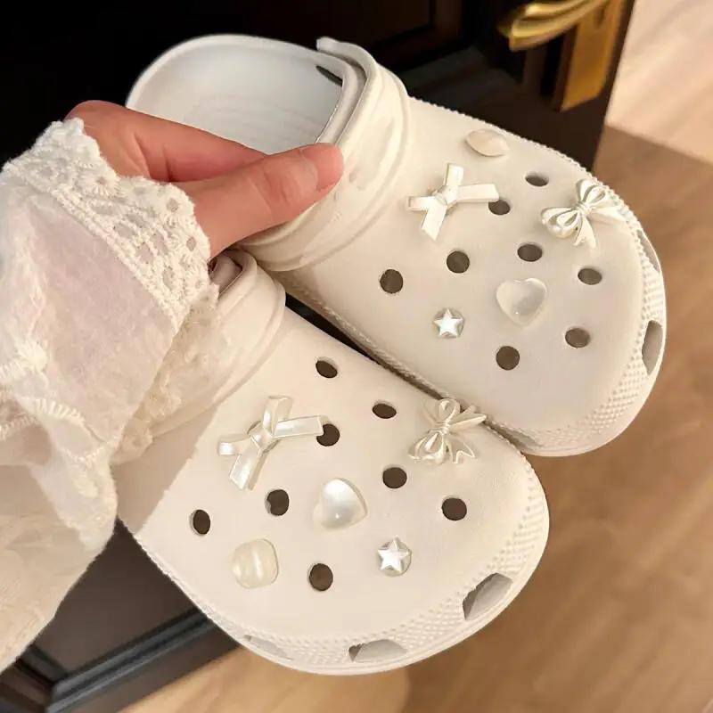 Silver Metal Clogs Decorations Summer 2026 New Design White Bowknot Women Shoes Charms Set DIY Flower Crystal Shoes Accessories