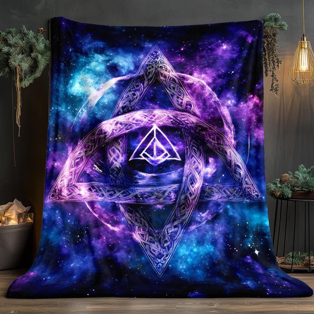 Galaxy Cosmic Symbol Fleece Blanket Purple Blue Space Design Mystical Triangular Pattern Soft Flannel Throw Blanket forSpiritual