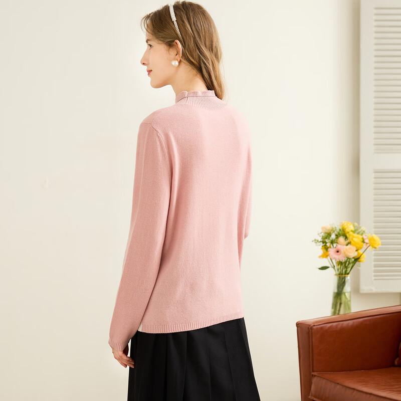 TUHUANG Women's Pure Wool Colorblock Jacquard Semi-High Neck Sweater