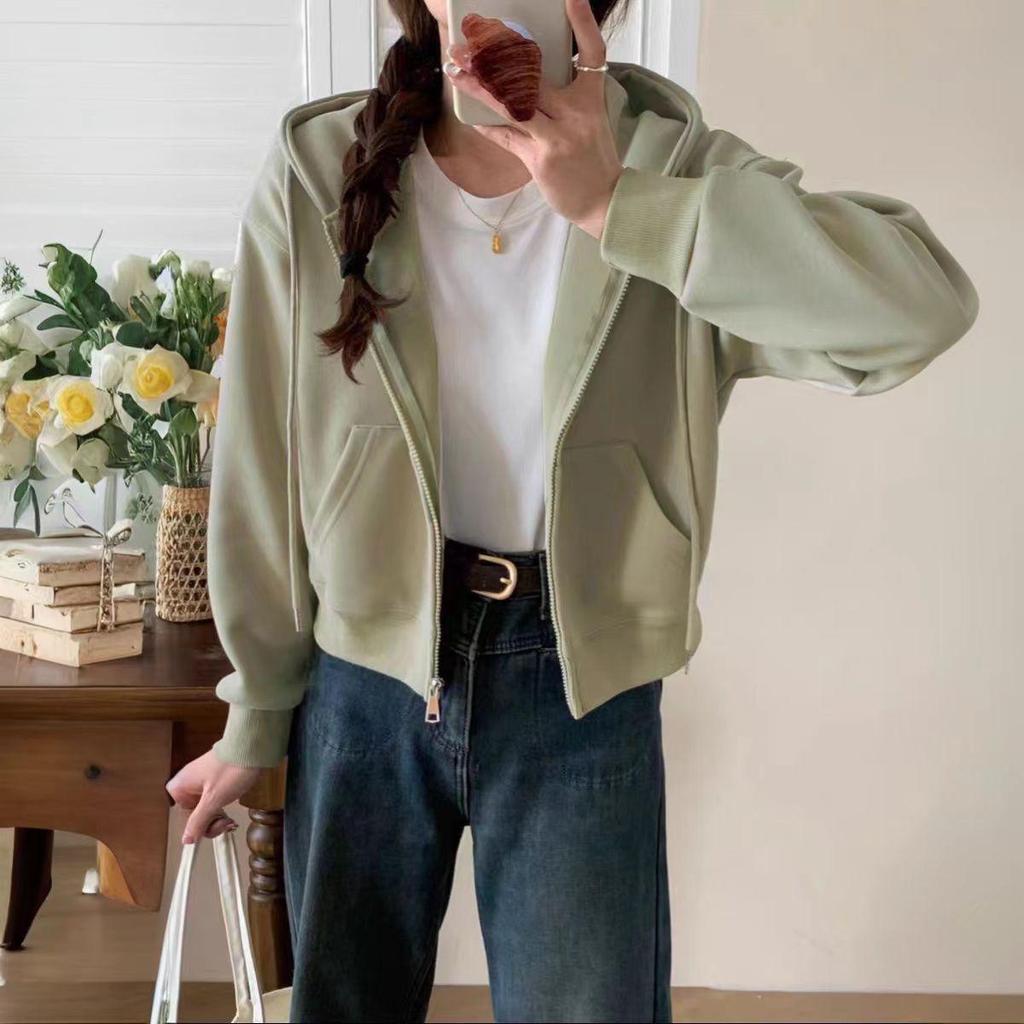 Women's White & Gray Hooded Cardigan Sweatshirt: 2025 Spring/Autumn Loose Fit Short American Style Baseball Jacket