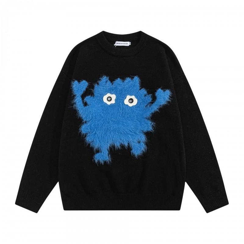 Unisex Oversized Crewneck Sweater With Cartoon Monster Jacquard Warm Acrylic Blend Knitwear Winter Casual Wear