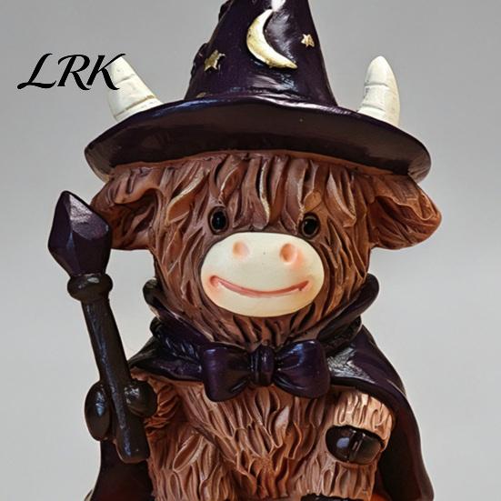 Cute Cow Sculpture Highland Figurine, Halloween Witch Pumpkin Skull Statue, Resin Scottish Compact Home Decor Ornament for Calf Lovers, Shelf, Tiered