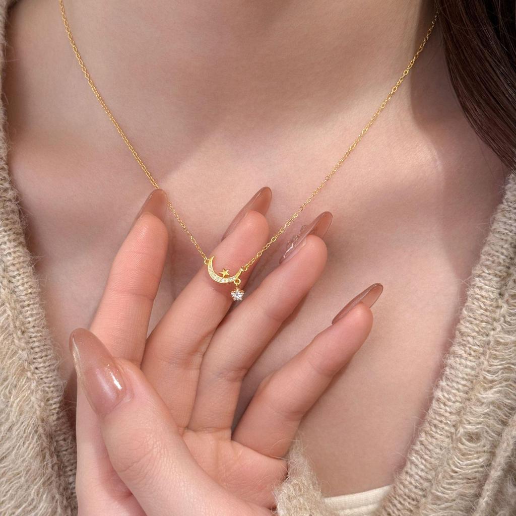 18K Gold-Plated Sterling Silver Star & Moon Diamond Pendant Necklace for Women - Luxury Design Clavicle Chain