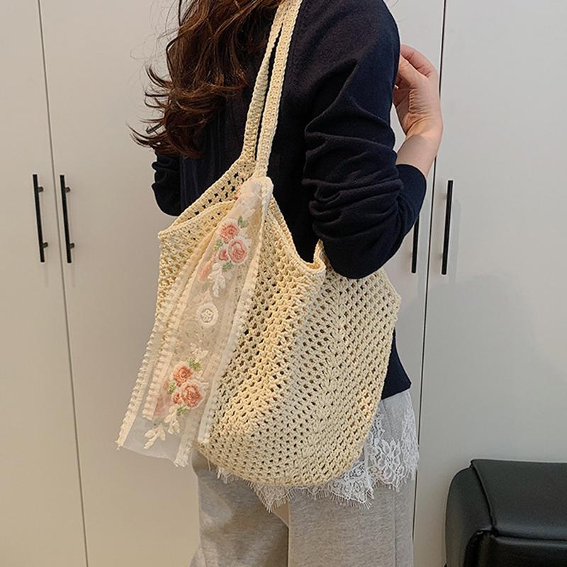 Summer Lace Bow Tote Bags Women Raffia Knitting Woven Shoulder Bag 2025 Rattan Large Casual Crochet Shopping Bag Ladies Handbag