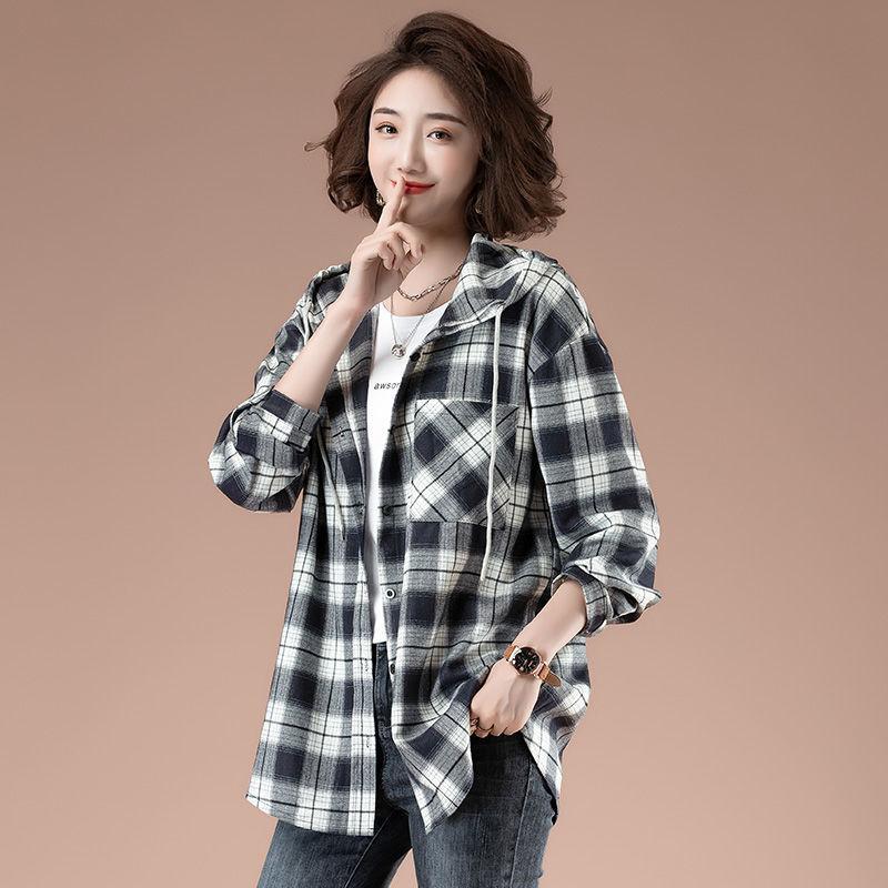 

Женская клетчатая рубашка с капюшоном Женская свободная рубашка с длинным рукавом в стиле ретро Корейская мода Весенняя мода Новое поступление Топ средней длины Женский S