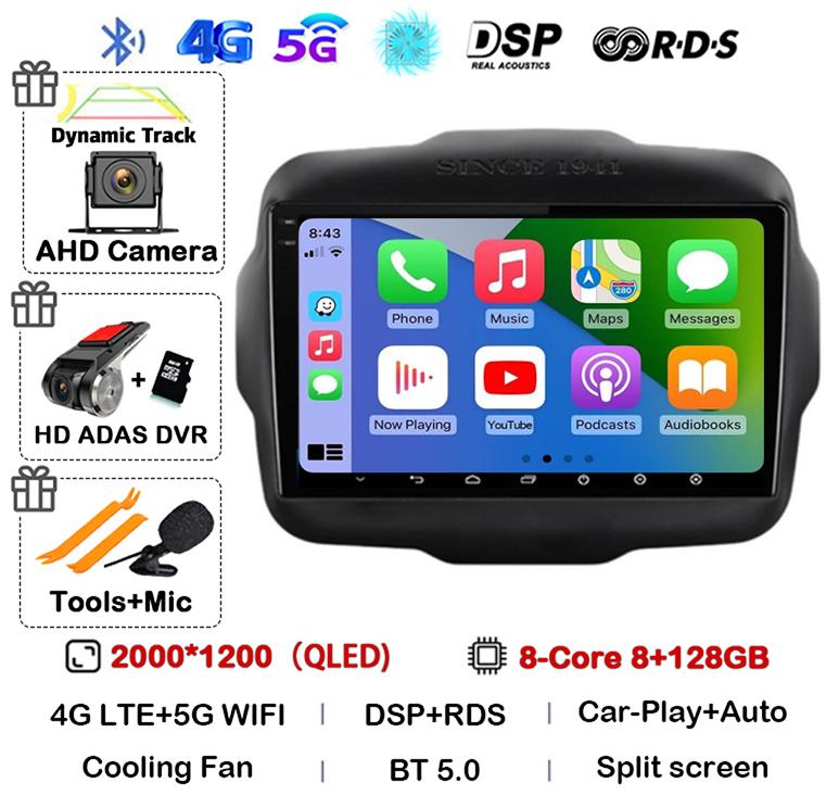 Android 14 Auto Carplay WIFI+4G LTE Car Radio For Jeep Renegade 2016 2017 2018 2019 2020 Multimedia Player GPS Stereo 360 Camera