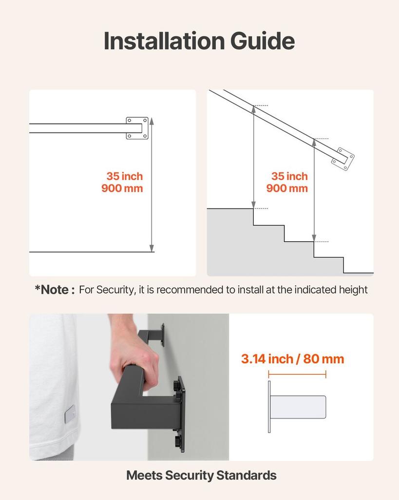 1215mm Wall Mounted Stair Handrail Black Iron 113kg Load Square Tube
