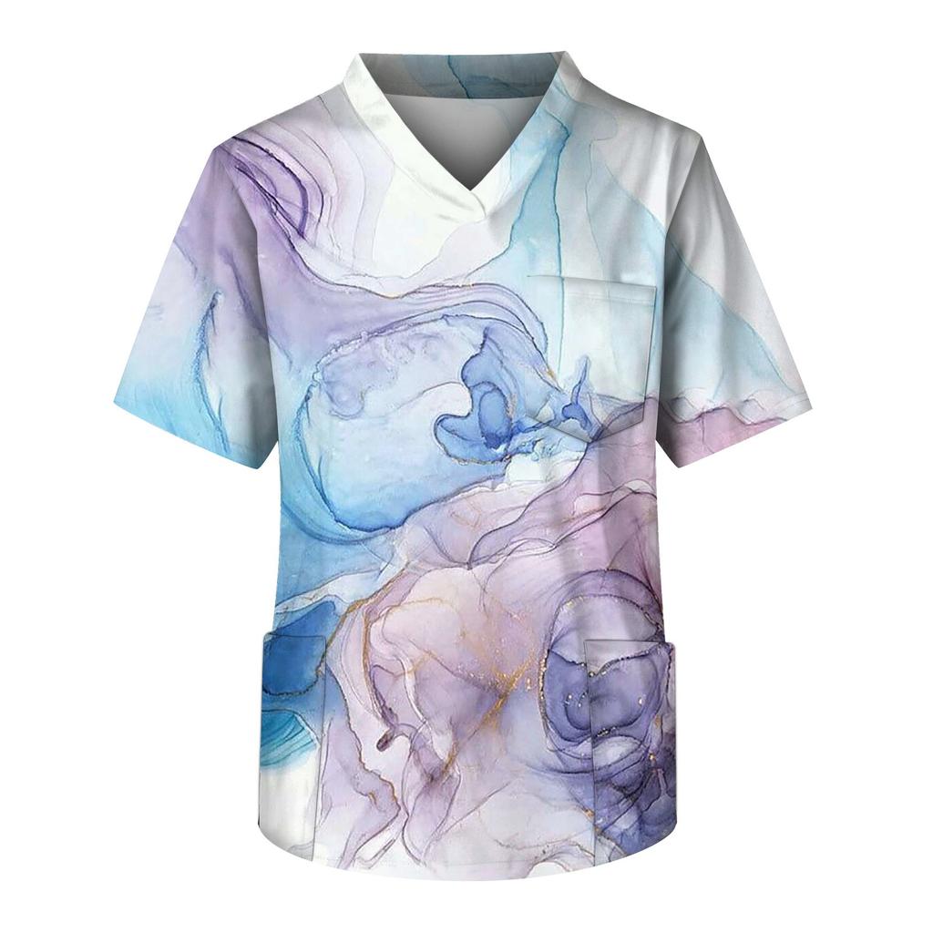 Plussstørrelse Halloween-trykte skrubb arbeidsskjorter for menn med kryss V-hals, korte ermer, morsomme t-skjorter, arbeidsklær med lommer