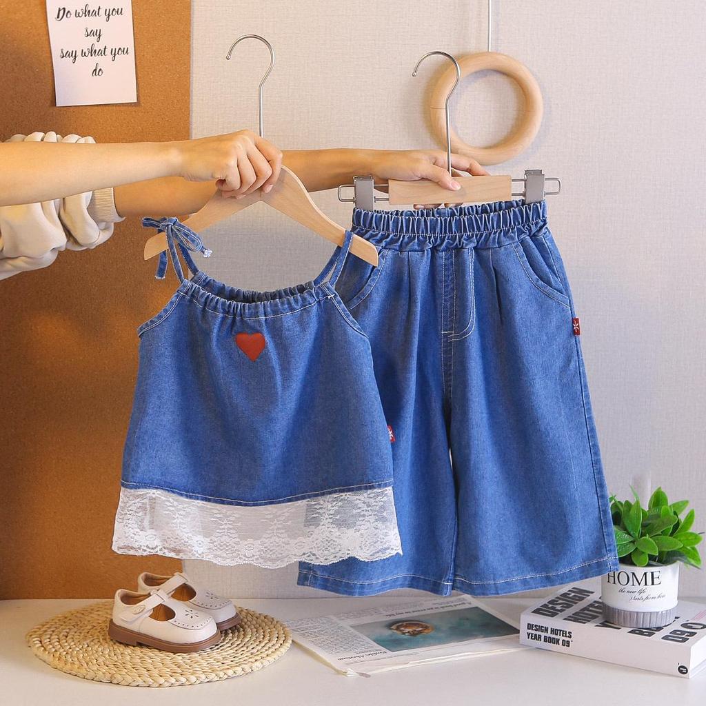 2026 Girls' Lace Denim Suspender Wide-Leg Pants Set: Trendy Summer Style