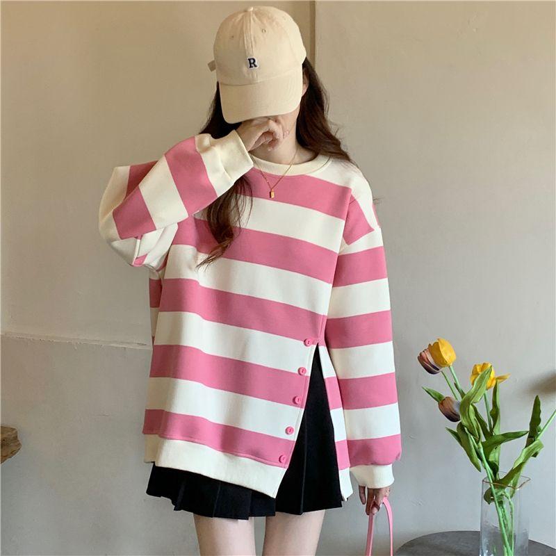 Fashionable Brand Striped Sweatshirt for Women Loose Design Slit Jacket Trendy