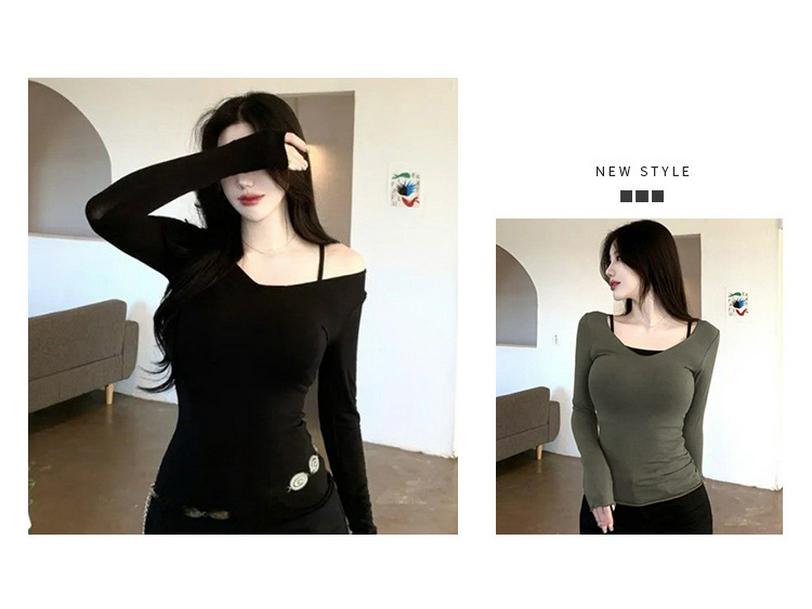 Korean Dongdaemun Slim-Fit Sexy Long Sleeve T-shirt with Large Neckline