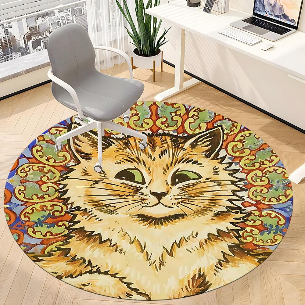 1pc Cat Mandala Office Round Area Rug, Indoor Mat Suitable For Office, Under Office Chairs Bedroom Living Room Home Decor, Room Deco