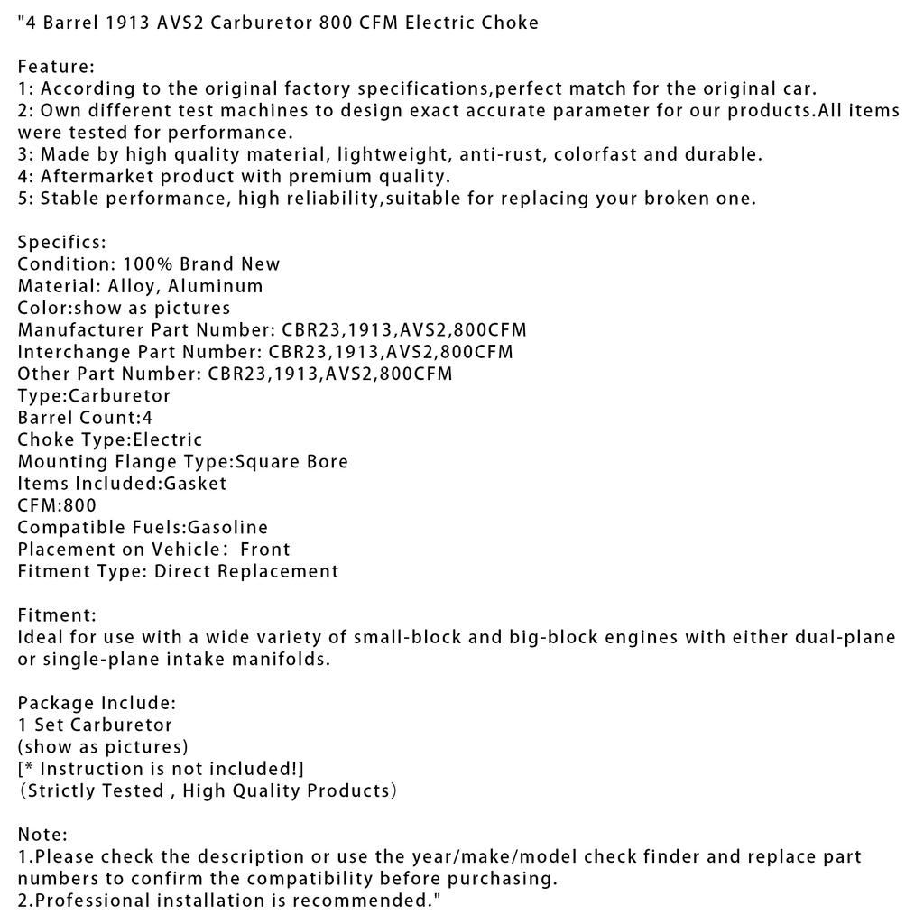 4 Barrel 1913 AVS2 Carburetor 800 CFM Electric Choke