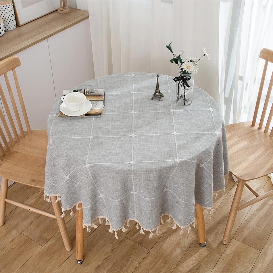 Three-dimensional Jacquard Checkered Round Tablecloth,Cotton Linen Tassels Dust-Proof Table Cover,For Dinner Party Wedding Decor