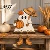 Wooden Ghost Figurines for Fall Harvest Festival Ornament Autumn Home Desktop Decoration, Cute Atmosphere Accessories Halloween Tabletop Figurine with