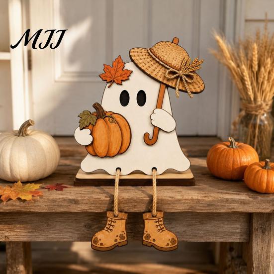 Wooden Ghost Figurines for Fall Harvest Festival Ornament Autumn Home Desktop Decoration, Cute Atmosphere Accessories Halloween Tabletop Figurine with