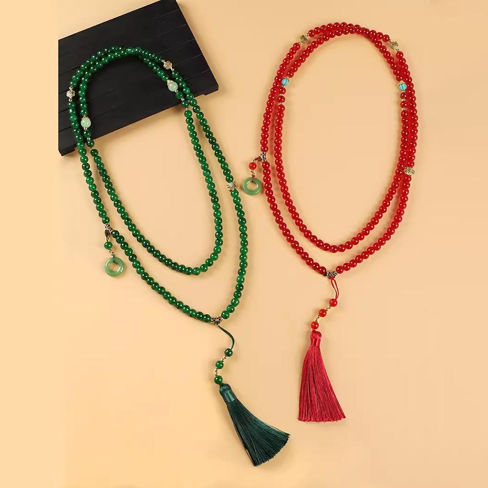 Green Beaded Tassel Crossbody Necklace - Retro Chinese Style Sweater Chain Accessory