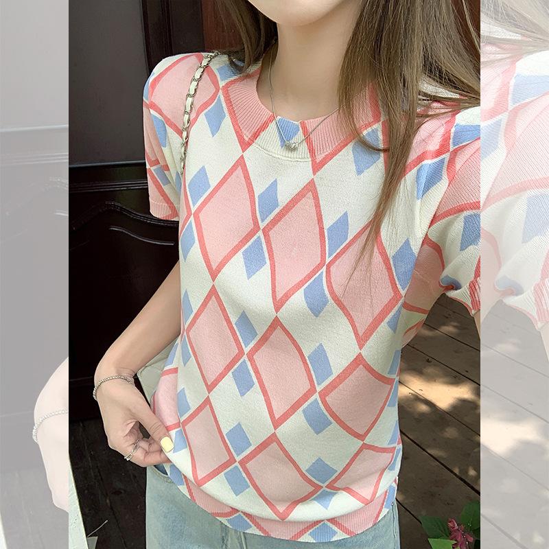 Pink round neck front shoulder knitted ice silk short-sleeved t-shirt women's summer new slim-fit niche design top
