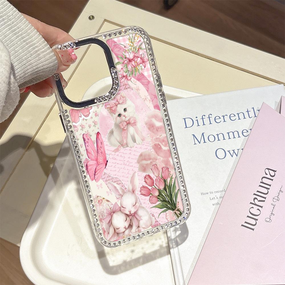 Applicable To iPhone16 Pink Tulip Butterfly Cat Mobile Phone Case 17ProMax Diamond Frame Girl Heart 13