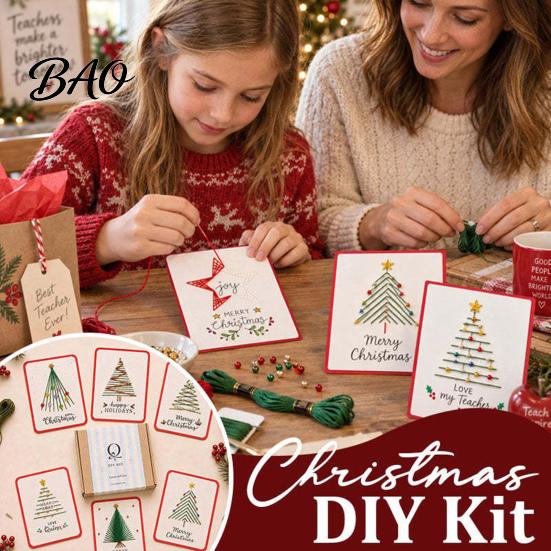 Personalized Christmas Gift Cards Merry DIY Card Kit, Embroidery Stitching Greeting Handmade Making Supplies Set with Tree Design, Beginner-Friendly