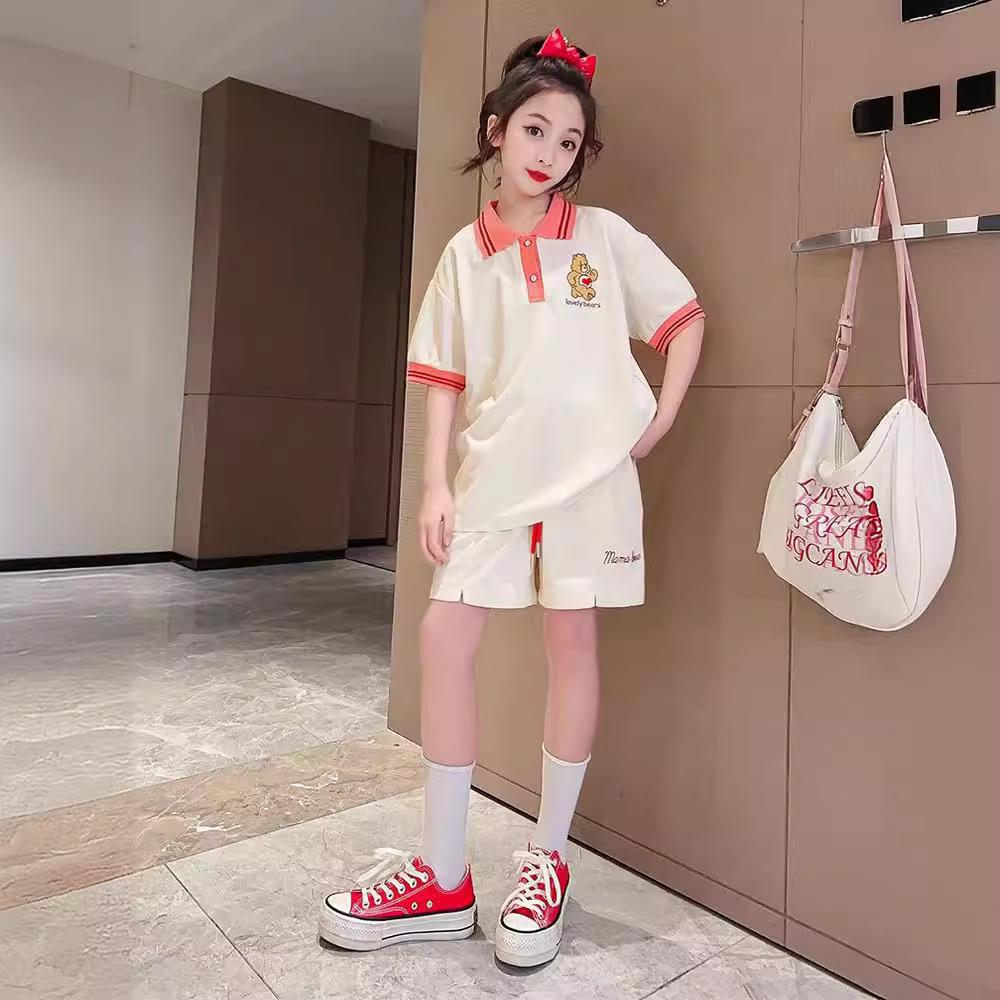 Flickors Sommar 2024 Casual Pikétröja & Shorts Set - Kortärmad, Tvådelad för Barn