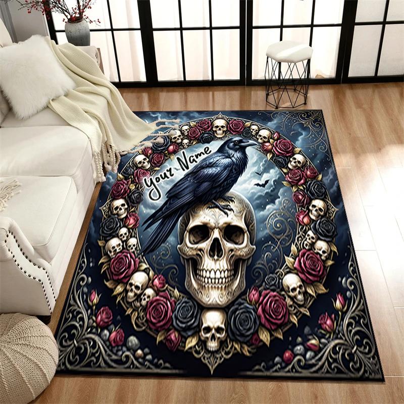 1PC Custom Name Raven Skull Roses Moon Night Theme Floor Mat Ideal for Living Room, Game Rooms, Office, Bedroom,Floor Mat Playful Design