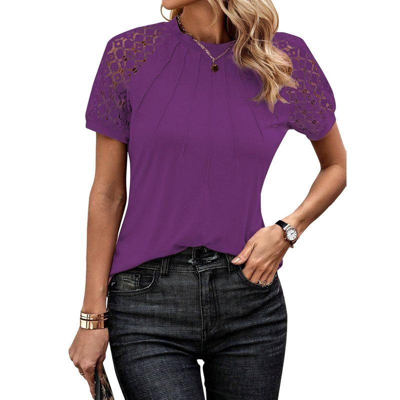 

2025 Solid Color T-shirt Round Neck Lace Splicing Top Purple L