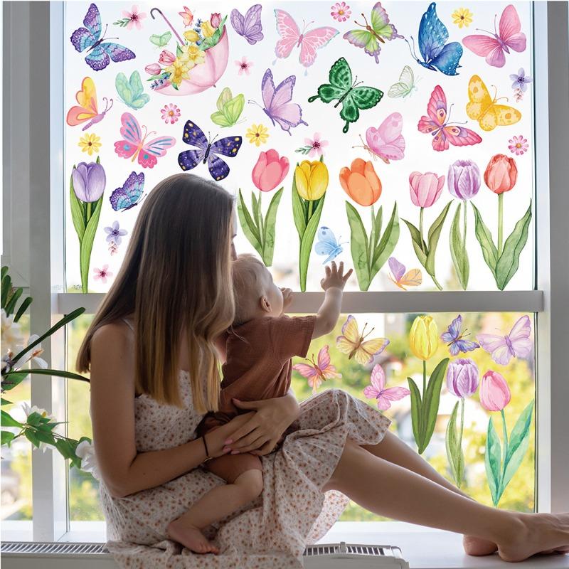 8pcs/set Window Cling Sticker Tulip Butterfly Flower Window Decal for Home Party Supplies Shop Window Glass Display Decor