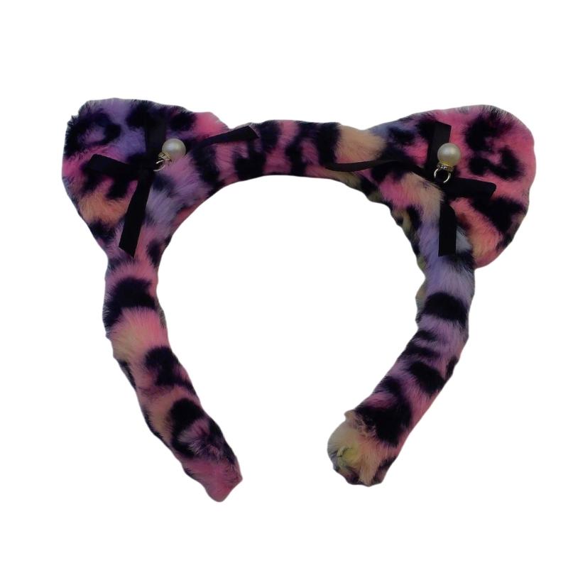 

Leopard Pattern Plush Hairband for Adult Women with Cats Ear Birthday Party Hairhoop RolePlay Props Face Washing Headband