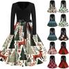 Women's Casual Vintage V-Neck Long Sleeve Dress with Christmas Print