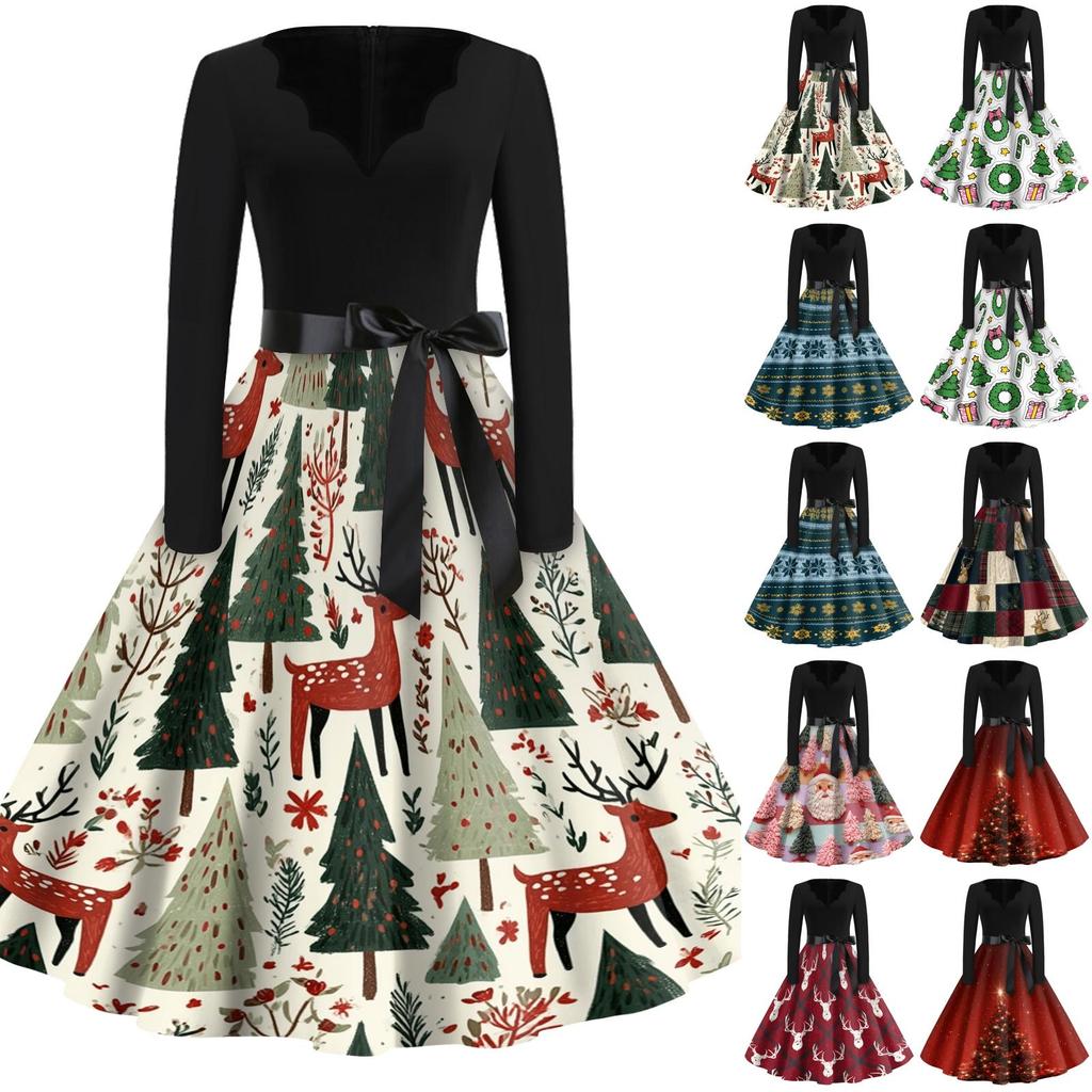 Women's Casual Vintage V-Neck Long Sleeve Dress with Christmas Print
