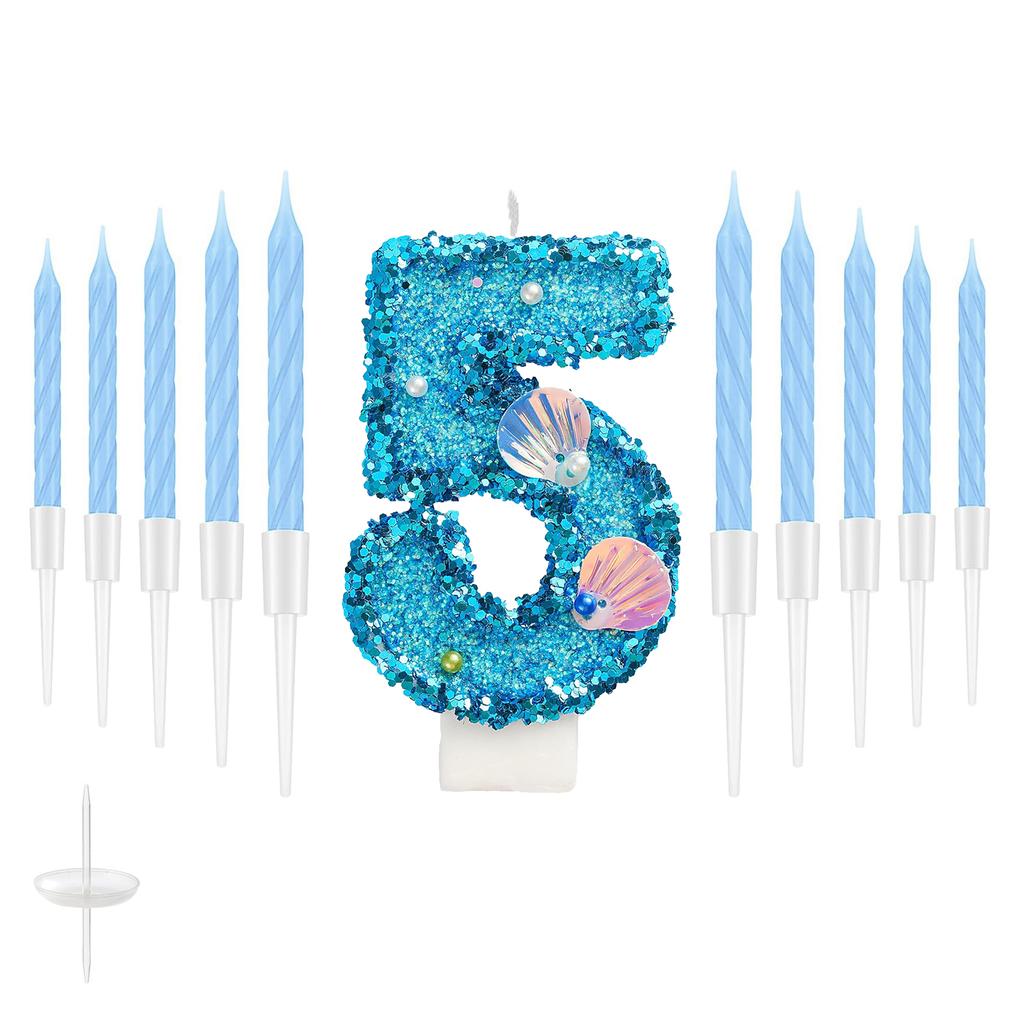 11pcs Blue Number Candle,Shell Sequins Number Candles for Birthday Cakes Mermaid Themed Party Supplies Number 0-9 Candle