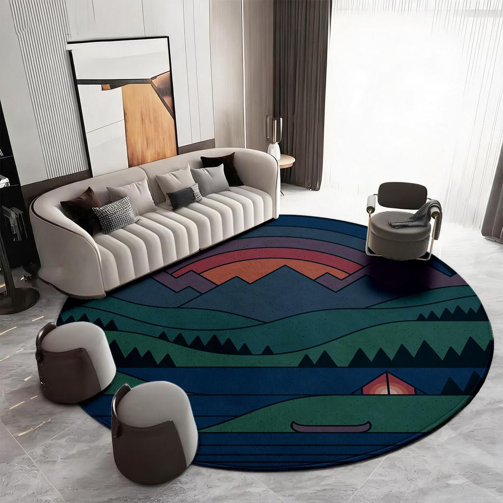 Bohemian Round Area Rug for Living Room Decor Modern Nature Landscape Boho Mountain Sunset Geometric Floor Mat Cushion Rug