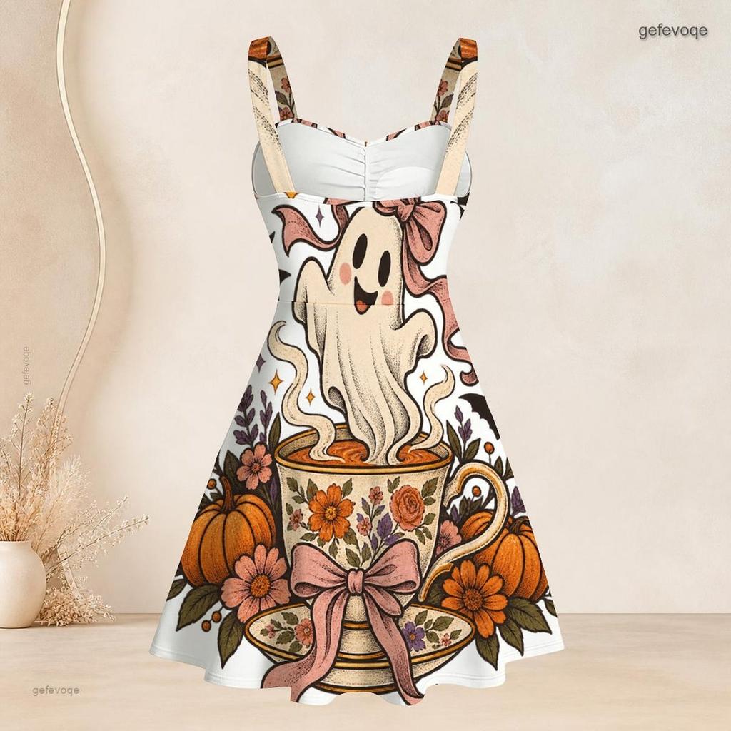 Women Plus Size Spaghetti Strap Off Shoulder Dress Witchy Potion Bottle Floral Crystal Moon Print Swing Dress
