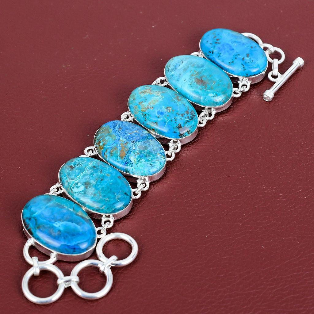 Chrysocolla Natural Gemstone Bracelet 925 Sterling Silver Bracelet Adjustable Chain Bracelet Antique Jewelry Handmade Bracelet Gifts for Him