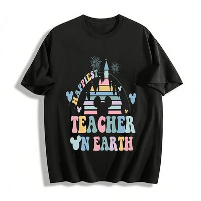 Happiest Teacher On Earth Disney Style Castle Print Casual Top Pure Cotton T-shirt