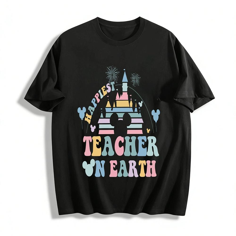 Happiest Teacher On Earth Disney Style Castle Print Casual Top Pure cotton T-shirt XXS